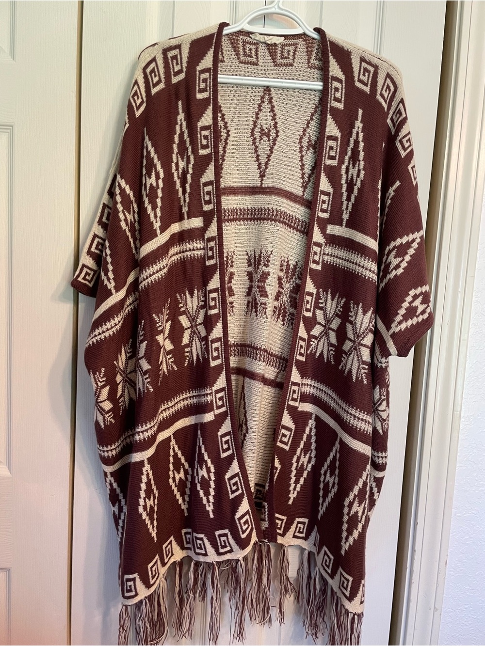 Cozy Open-Front Maroon & Cream Knit Poncho